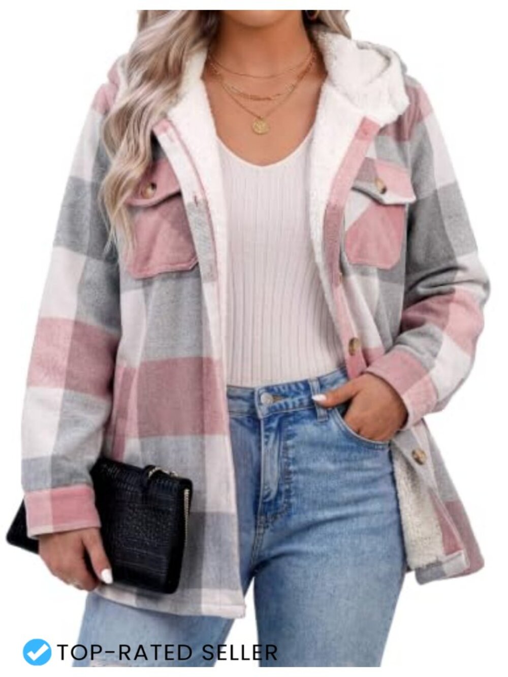 Womens Plus Size Plaid Shacket Fleece Hooded Warm Coat